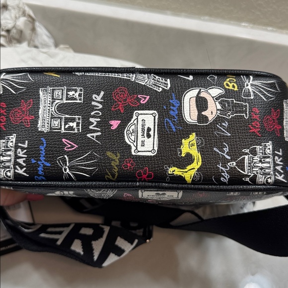 Karl Lagerfeld Black Graphic Crossbody Bag with Guitar Strap. Double Zipper - Picture 9 of 9